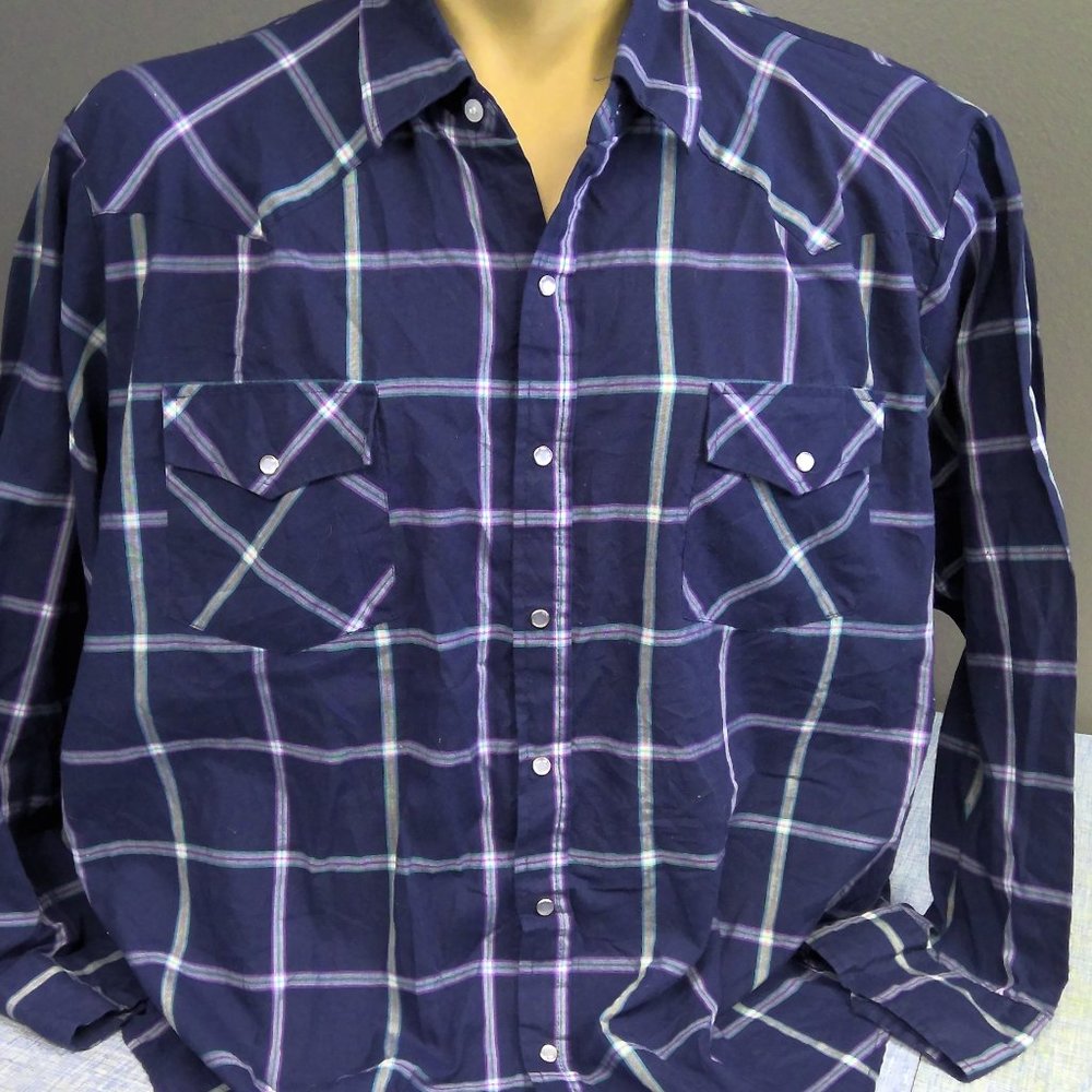Vintage Stats Western Pearl Snap Shirt Long Sleeve Check XXL